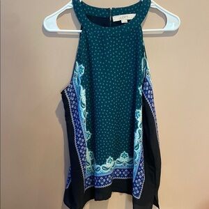 LOFT Women's Teal and Blue Patterned Top